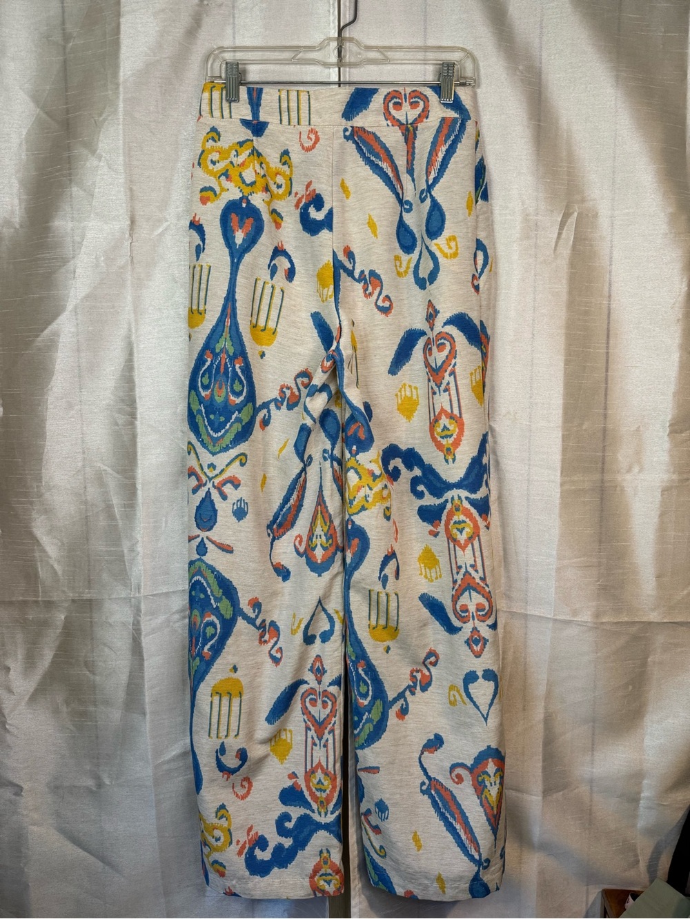 Cream Wide-Leg Printed Pants with Blue & Yellow Ikat Motif - Picture 2 of 8